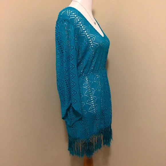 Sessa Turquoise Crochet Swimsuit Coverup w/Tassels,Size-Large - Picture 5 of 6